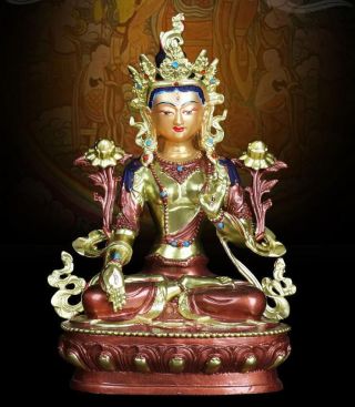 8 " Asian Antique Tibetan Buddhism Copper Gilt Hand Painting White Tara Statue