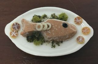 Vintage Artisan Dollhouse Miniature Hand Painted Fish Platter Plate Food