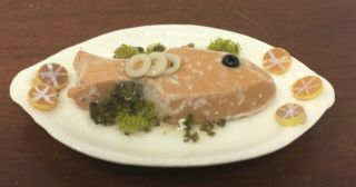 Vintage Artisan Dollhouse Miniature Hand Painted Fish Platter Plate Food 2