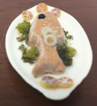 Vintage Artisan Dollhouse Miniature Hand Painted Fish Platter Plate Food 5