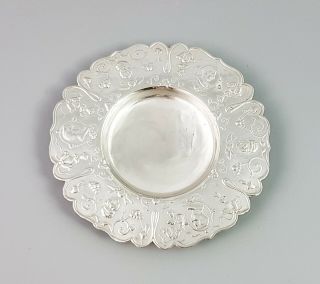 Antique Victorian 833 solid silver Dutch export trinket pin dish embossed round 2