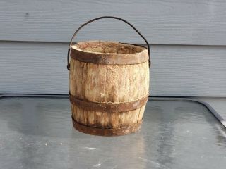 Antique Primitive Wooden Oak Paint Bucket With Metal Bands