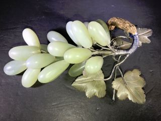 B) Vintage Light Green Jade Stone Cluster Of Oval Grapes With Stone Leaves
