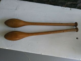 Pair (2) Vintage Wooden Indian Clubs 19 Inch European Juggling Pins Antique