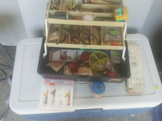 Vintage Tackle Box Full Of Old Fishing Lures Creek Chub Heddon Bobbers Reels