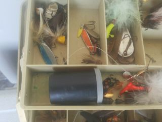 Vintage Tackle Box Full Of Old Fishing Lures Creek Chub Heddon Bobbers Reels 3