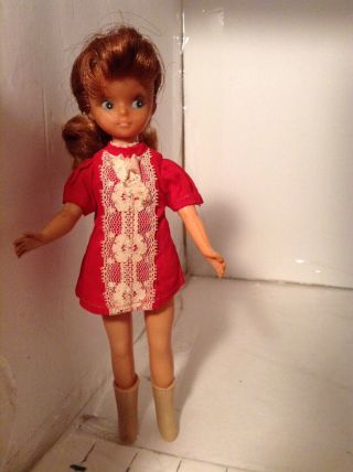Vintage 9 " Straight Legged Doll Brown Hair Red Dress Made In Hong Kong