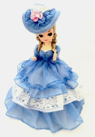 12 " Vintage Bradley Big Eye Doll Blonde Southern Belle Blue Hat And Dress Pose