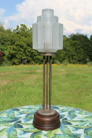 French Art Deco Wrought Iron Lamp With A Frosted White Glass Shade