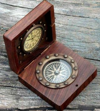 Antique Brass Nautical Compass And Watch With Wooden Box Or Brass Gift