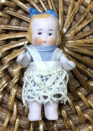Antique Vintage Bisque Tiny Miniature Jointed Doll Hand Painted With Lace Dress