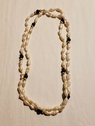 Antique Vintage Long Pearl Necklace With Lapis And 14kt Gold Beads