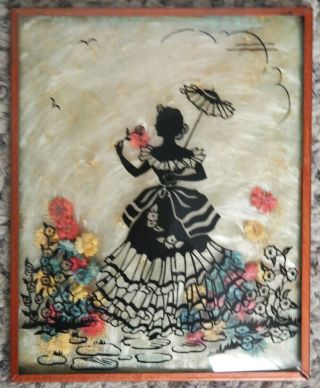Antique Miniature Victorian Silhouette Reverse Painted On Glass Dried Flowers