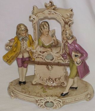 Antique German Porcelain Figurine 2 Men And Lady In Booth Germany