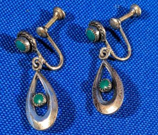 Antique Sterling Silver Screwback Earrings Pair Turquoise Dangle Vtg Teardrop