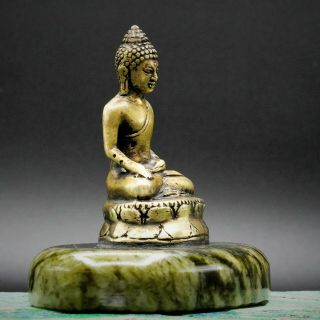 20th Century Vintage Chinese Brass Buddha On Lotus Flower Marble Fine Stone Base