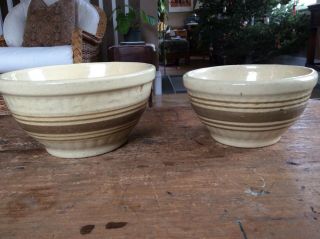 Antique Yellow Ware Banded Bowls,  Nest Of Two