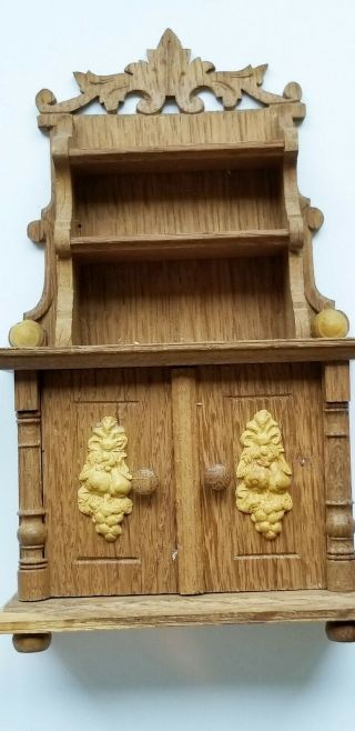 Antique Solid Oak 2 Door Cabinet With 2 Shelves Above Fretworked Top