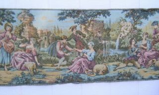 Antique Woven French Victorian Tapestry 20x56 " Musicians Dancers Bird