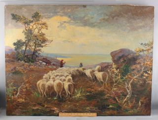 Large Antique Signed Impressionist Country Landscape,  Shepherd & Flock Of Sheep