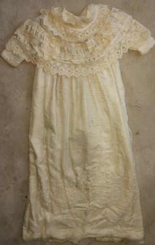 Antique Victorian Silk? Christening Gown Dress W/lace Shoulders & Embroidery