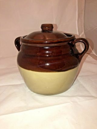 Monmouth Pottery Double Handled Crock - Antique Stoneware Bean Pot Usa 2.  5 Qt