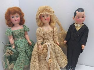 Vintage Plastic Molded Wedding Dolls Crocheted Clothes Bride Groom 1940s