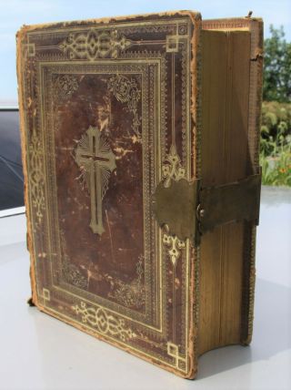 Antique C1870 Catholic Family Bible Douay Rheims Brass Clasp