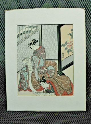 Antique Woodblock Japan Young Women Reading A Scroll 1800 