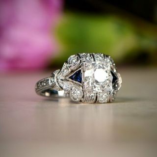 Antique Vintage Sapphire Engagement Ring 1.  9ct Round Diamond 14k White Gold Over