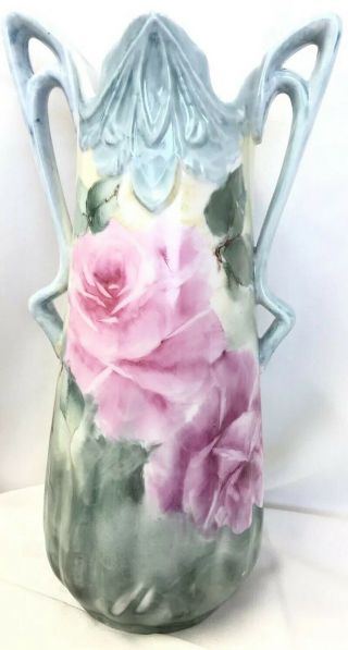 Antique Style Hand Painted Porcelain Vase Pink Roses Handles Mother’s Day Gift