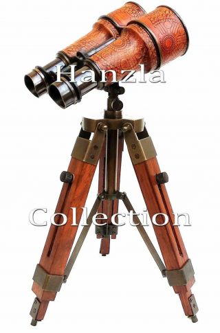 Nautical Brass Antique Binocular Marine Desk Telescope With Wooden Tripod Stand
