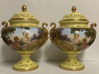 Pair Francois Boucher Porcelain Lidded Urn,  Vase No Mark Serves Style