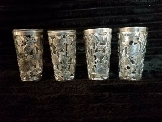 4 Sterling Silver Overlay Shot Glasses Tequila Cordial Sippers 2 " Floral Motifs
