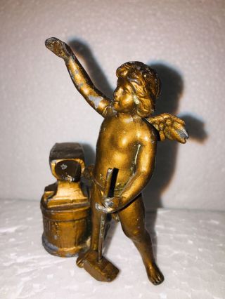 Antique Miniature 3 " Bronze Brass Metal Angel Figurine Cherub W/ Anvil & Hammer