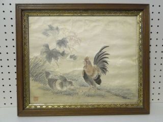 Antique Framed Chinese Silk Embroidery Picture Rooster & Hen 18.  5x15.  5in Signed