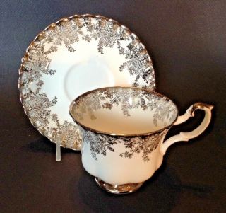 Royal Albert Pedestal Teacup And Saucer - White And Silver - Bone China England