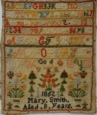 Mid 19th Century Motif & Alphabet Sampler By Mary Smith Aged 8 - 1862