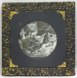 Antique Gold Black Picture Frame W Playful Kittens Print Mischievous Cats 1910s