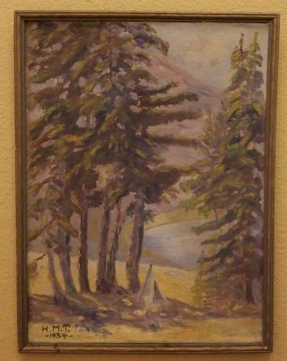 Artist H.  M.  Tomlinson Antique Oil Painting " Camp At Green Lakes " Framed