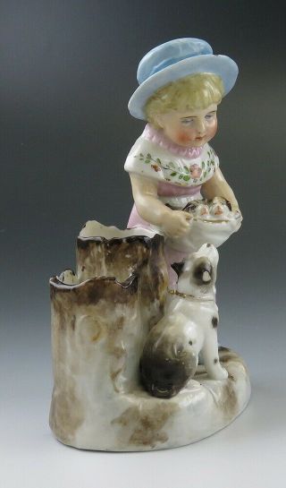 German Porcelain Match Holder Girl With Her Dog & An Apron of Puppies Figure 4