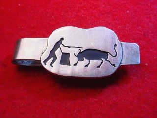Vintage Sterling Silver Tie Clip Bullfighter & Bull Design 44