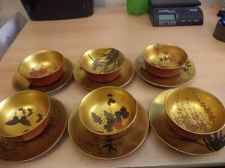 6 Light Japanese Chinese Oriental Tea Set Service Bowls & Plates Gold Red