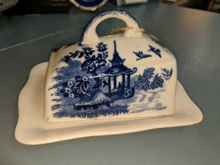 Antique Rare,  Blue Willow 2 - Pc Rectangular Cheese Dish - Keeper Made In England