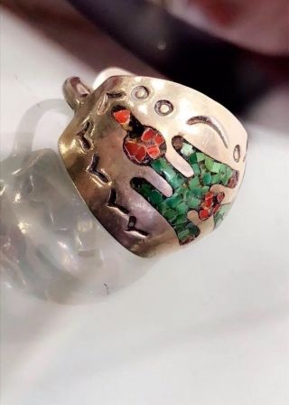 Antique Coral Turquoise Peyote Bird Sterling Silver Ring Size 6.  5 Navajo Zuni