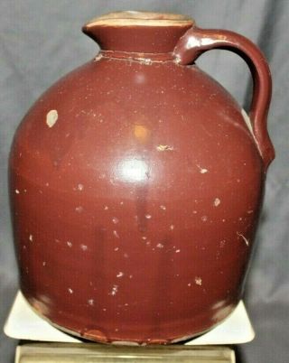 Sm Antique Glazed Redware Pottery Whiskey Jug W/ Applied Handle 8 " Tall 6,  5 " Dia