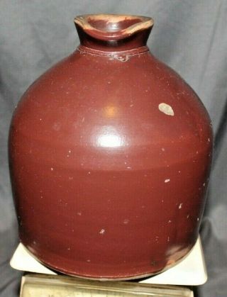 Sm Antique Glazed Redware Pottery Whiskey Jug w/ applied Handle 8 