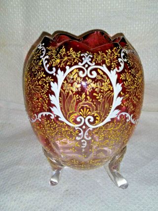Moser Glass Cranberry Enameled Footed Vase 5.  5 " Antique