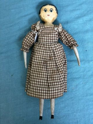 Vintage Antique Flat Hand Carved Wooden Lollypop Doll Jointed Knees & Elbows 16 "