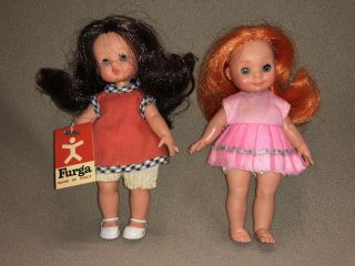 2 Vintage Mini Furga Italy Dolls Brunnette And Orange Red Hair Tag W/flaws